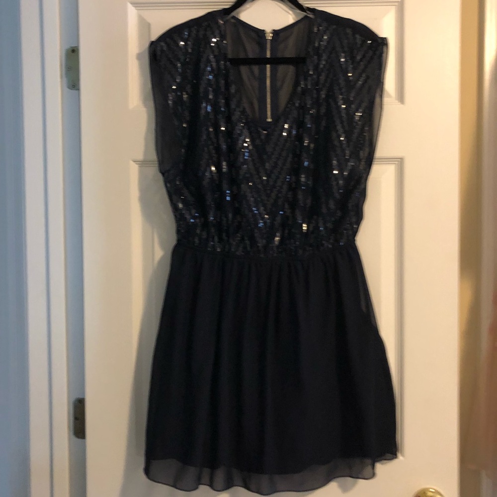Blue sequin cocktail dress.